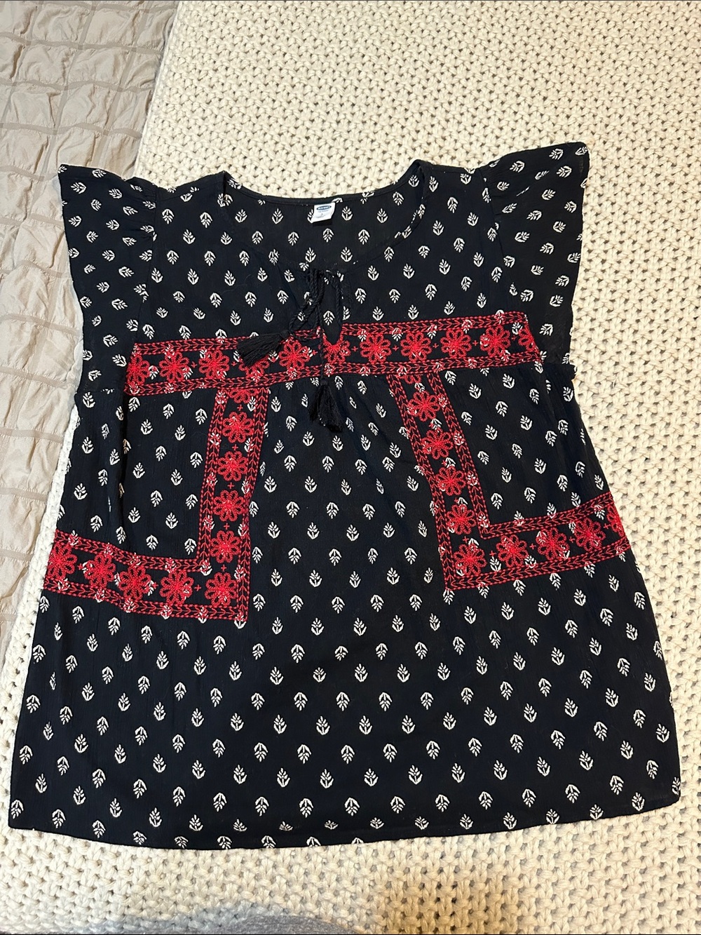 Old Navy Black Print Blouse with Red Embroidered Trim